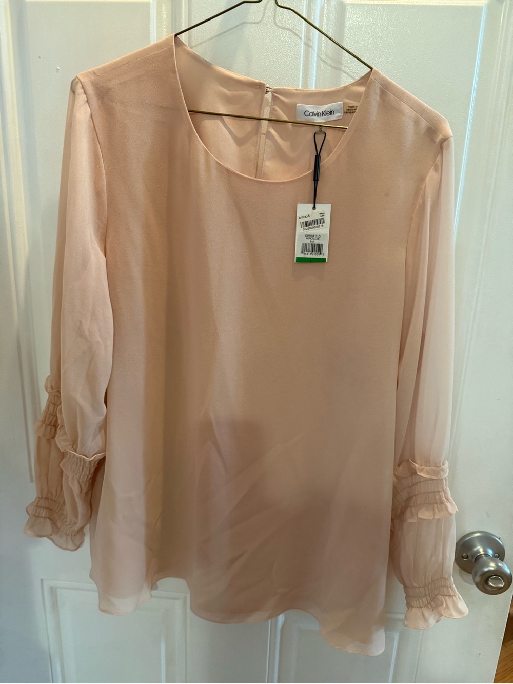 Calvin Klein Soft Blush Peplum-Sleeve Sheer Blouse